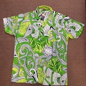 Lucky Star Green & White Patterned Men's button down short sleeve Shirt size xxL